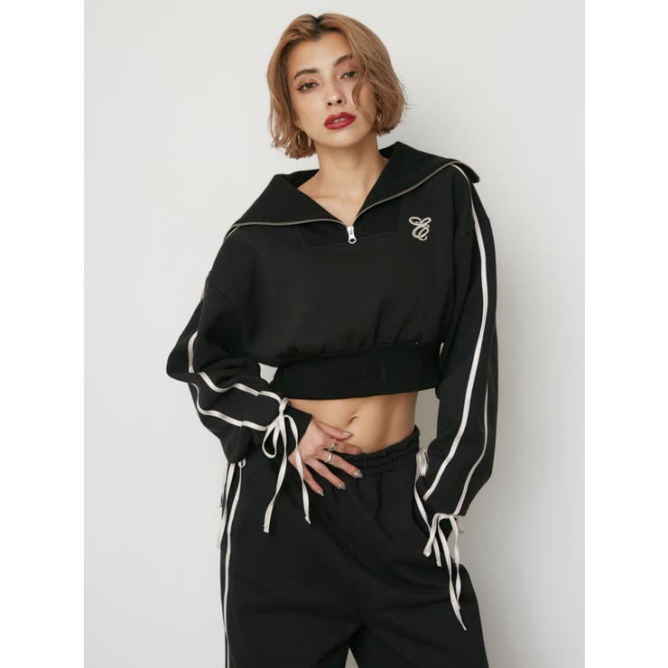 リボンスリーブハーフZIPショートスウェットトップス【セットアップ