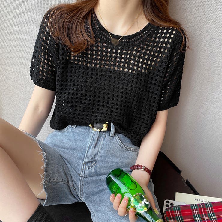 メッシュサマーニット レディース半袖夏服[品番：AGCW0004421