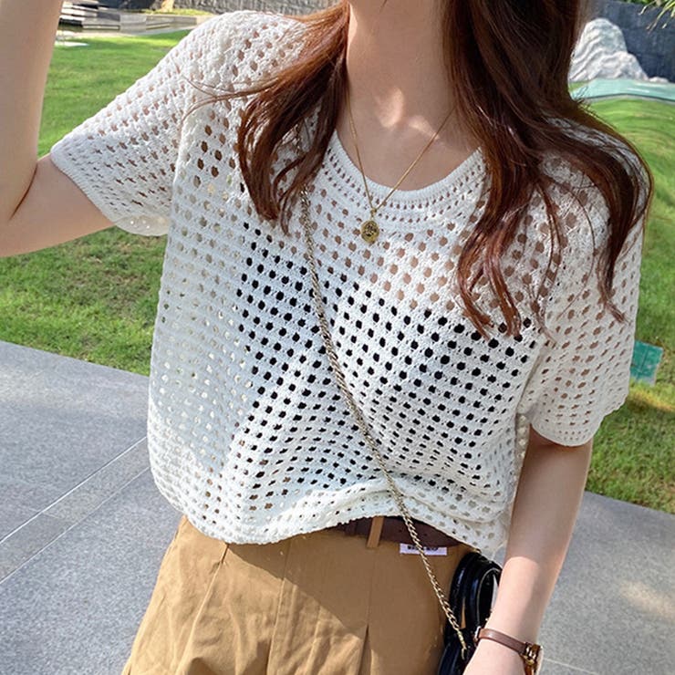 メッシュサマーニット レディース半袖夏服[品番：AGCW0004421