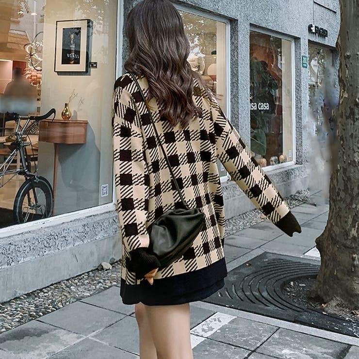 ニットカーディガン レディースチェック柄[品番：II000007491