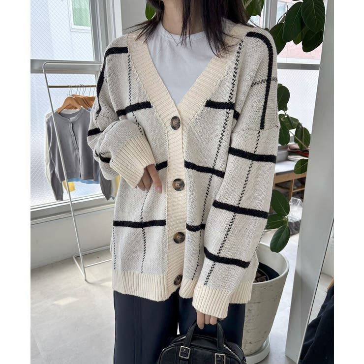 ニットカーディガン BIGチェック柄秋冬[品番：II000007748