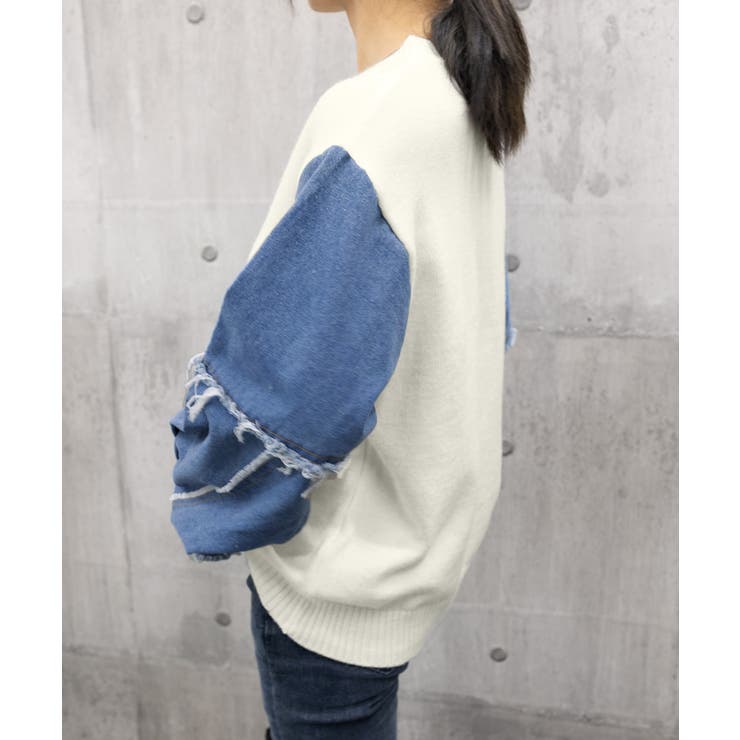 ドッキングニット デニムシャツ 切り替え[品番：II000011286