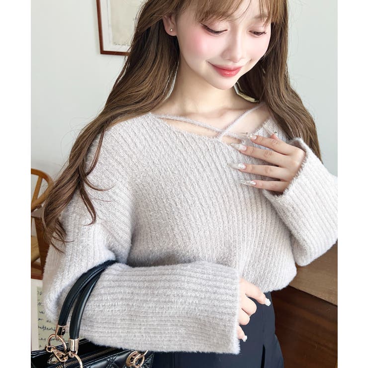 クロスネックシャギーニットプルオーバー[品番：ERMW0003980]｜moment+