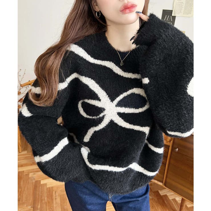 リボンラインジャガードフェザーニット長袖プルオーバー[品番