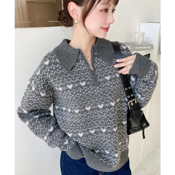 ノルディック柄ダブルジャガードハーフジップポロニットプルオーバー