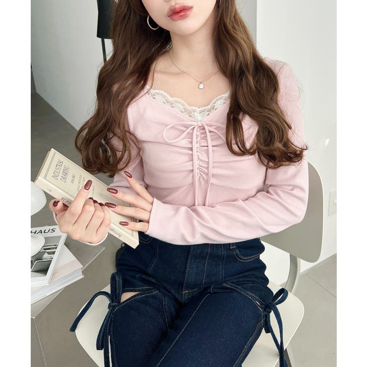 無地×ドットプリント×フロントレースギャザーリボン長袖トップス[品番