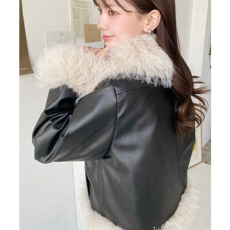 フェイクレザー×シープファームートン風ライダースジャケットブルゾン