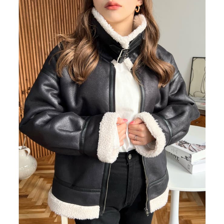 フェイクレザー×ボアフェイクムートンフライトジャケットブルゾン[品番