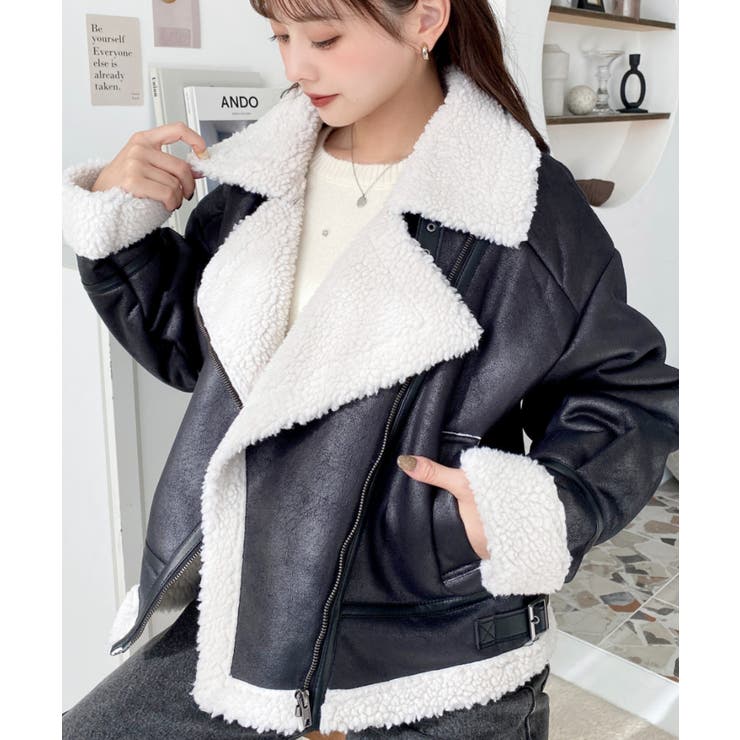 フェイクレザー×ボアフェイクムートンライダースジャケットブルゾン