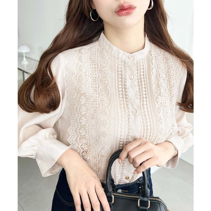 シフォンジョーゼットスタンドカラーフロントレースシャツ[品番