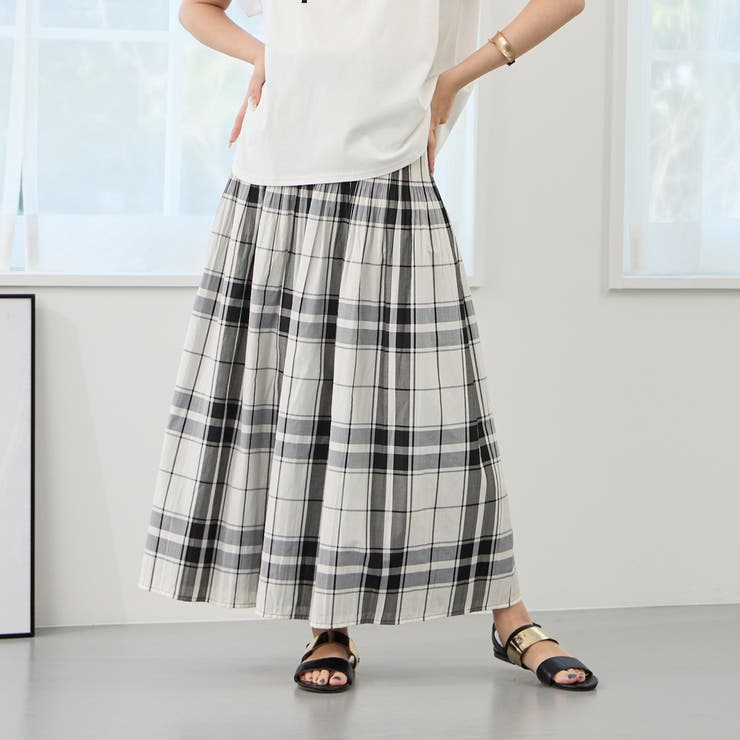 リバーシブルギャザースカート／表：チェック柄・裏：ストライプ柄