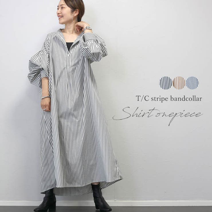T/Cストライプバンドカラー長袖シャツワンピース[品番：FNYW0002997