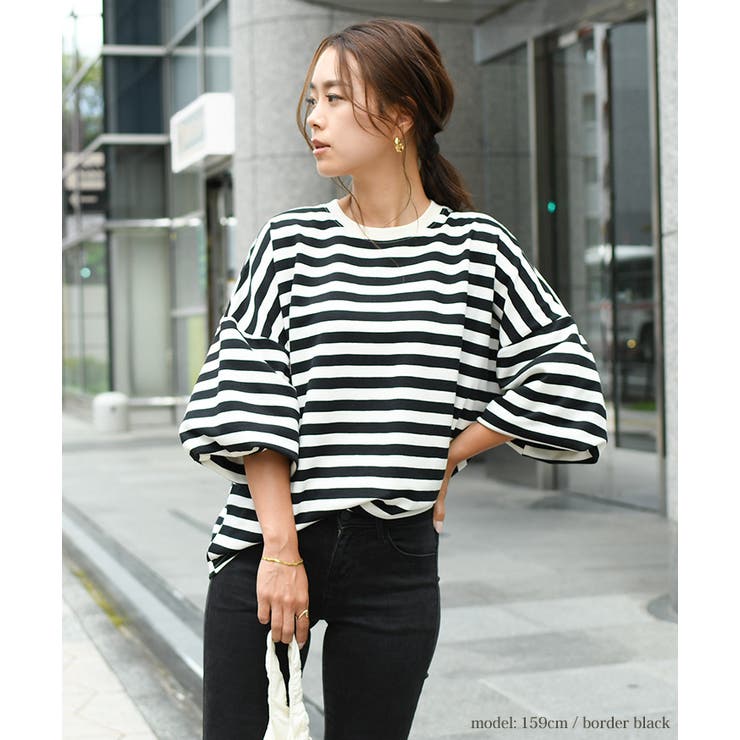 バルーンスリーブボーダー柄プルオーバー トップス カットソー[品番
