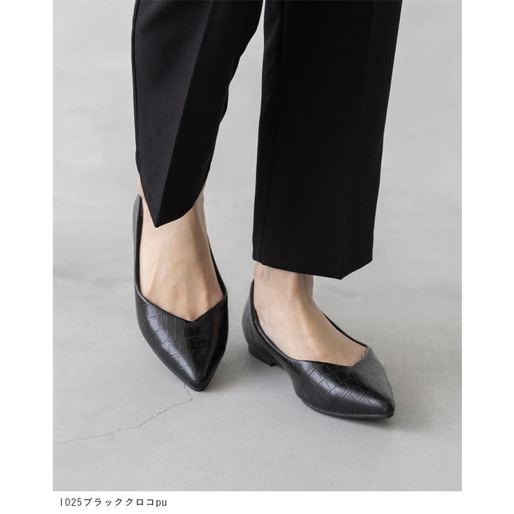 ポインテッドトゥ Vカットデザイン ローヒール[品番：HSYS0001198