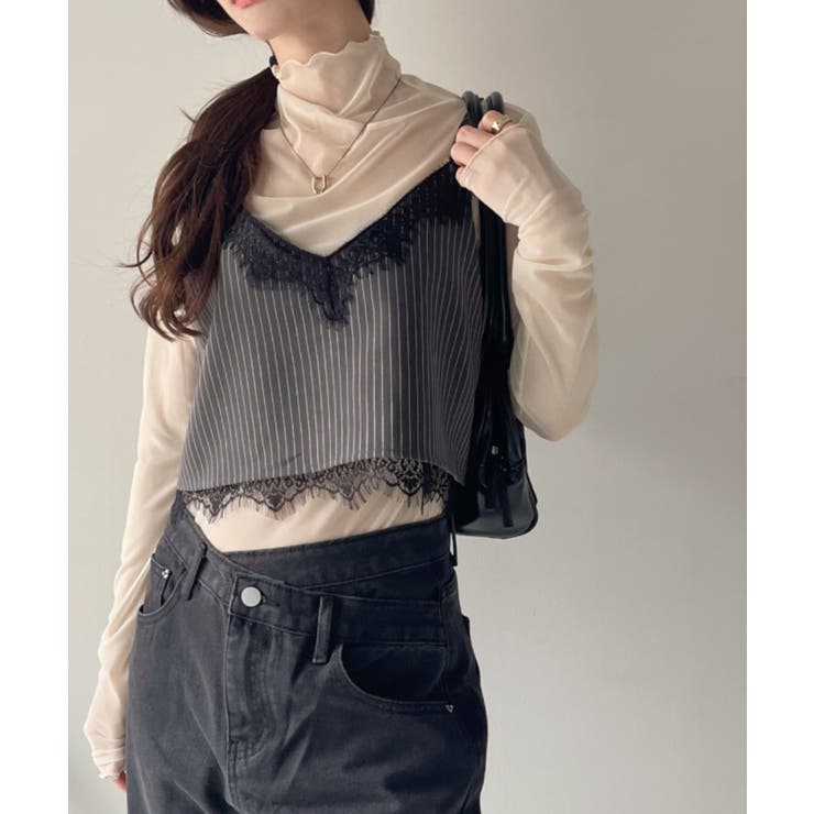 レースデザイン ストライプ キャミソール[品番：ORGW0009028]｜Ada