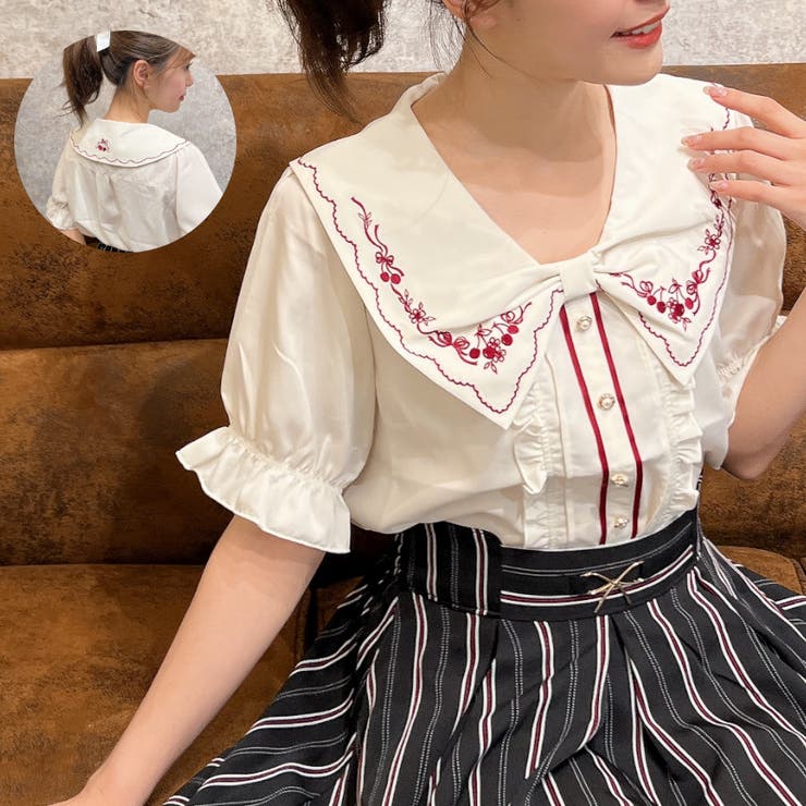 チェリー刺繍リボン襟BL[品番：IGAW0001854]｜axes femme