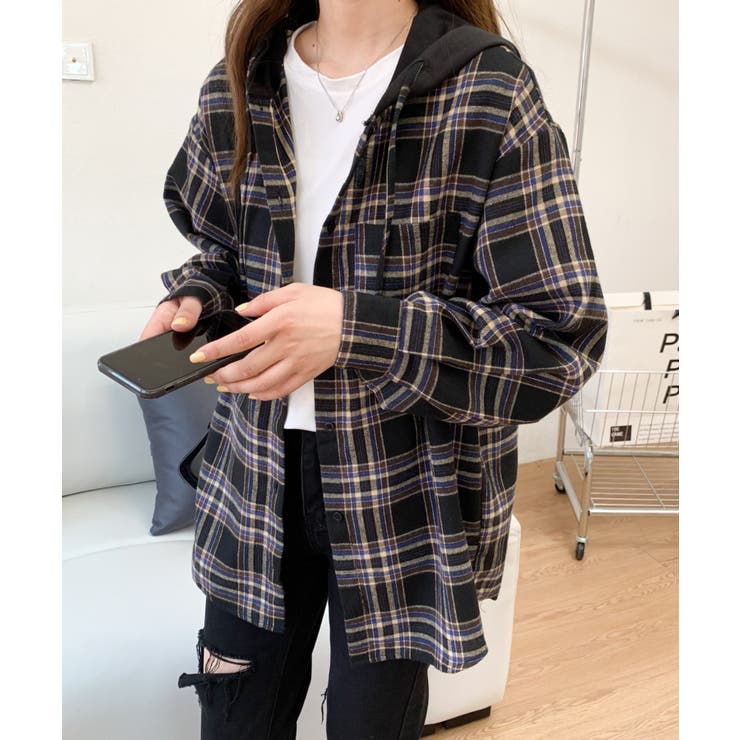 オーバーサイズフード付きチェックパーカー[品番：ABIW0001368