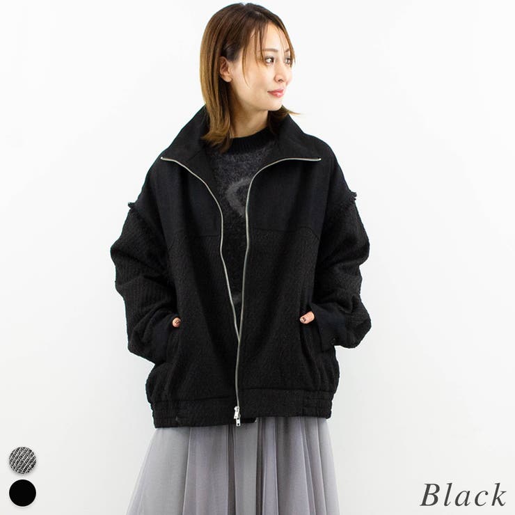 ファンシーツイード異素材切替スタンドブルゾン[品番：ACTW0004287]｜A