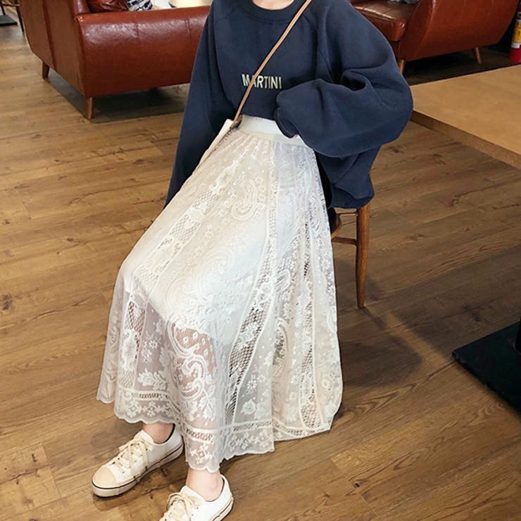 フレア・マキシ丈 リバーレーススカート[品番：ADEW0004028]｜ad thie