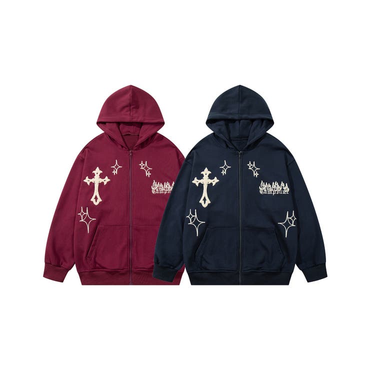 HOOK】クロスと炎刺繍ジップパーカー ストリート系 ロンT[品番