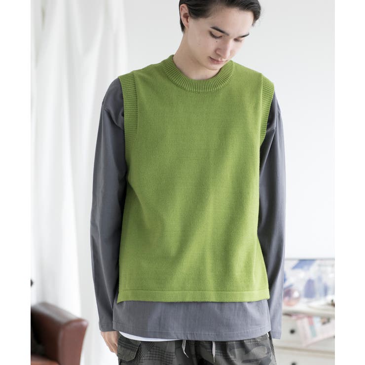 クルーネック ベスト サイドスリット ラウンドネック全3色[品番