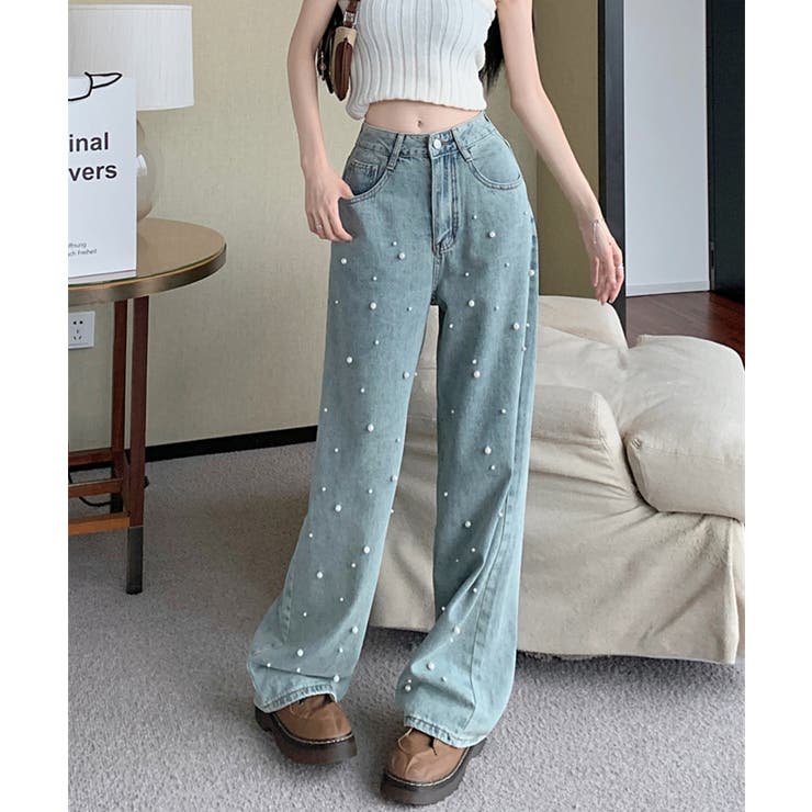 新色登場！パール付きハイウエストワイドデニム jasmine 韓国