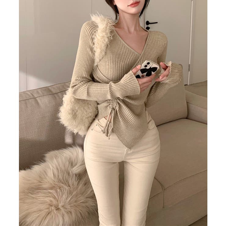 ニット Vネックウエストギャザーリボンニットトップス 韓国