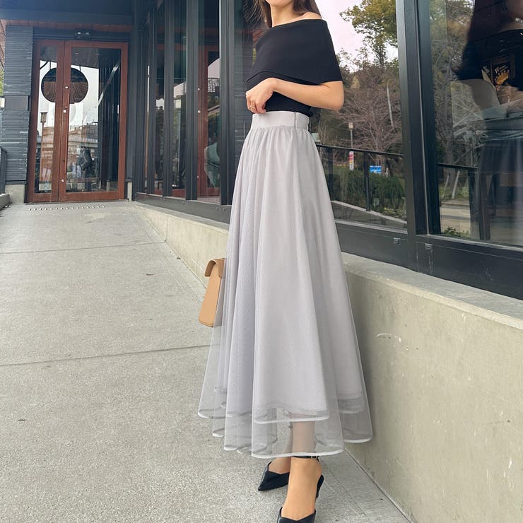 Louere 裾パイピングチュールフレアスカート【ペチスカートセット