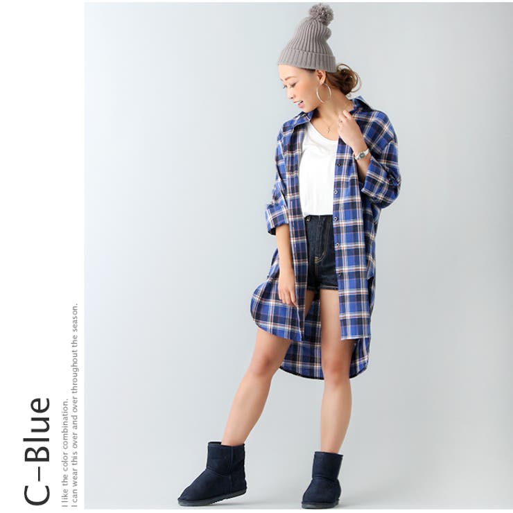 チェックロングオーバーシャツ オーバーサイズ ディープスリット[品番