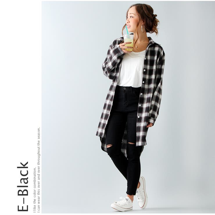 チェックロングオーバーシャツ オーバーサイズ ディープスリット[品番