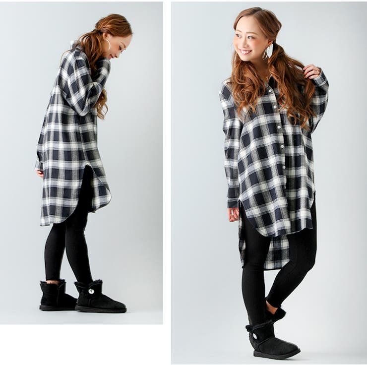 チェックロングオーバーシャツ オーバーサイズ ディープスリット[品番