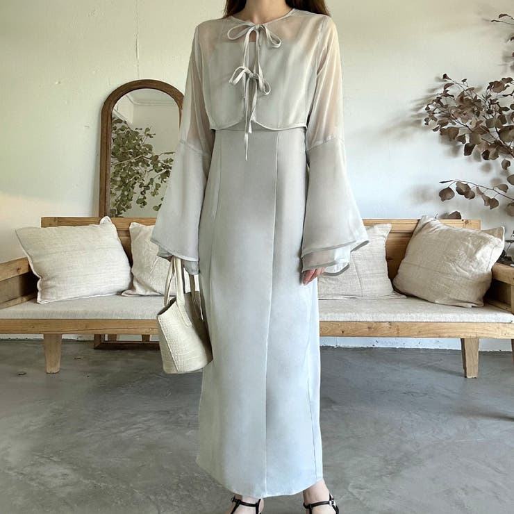 フレアスリーブシアーボレロ＋スリットキャミワンピース[品番