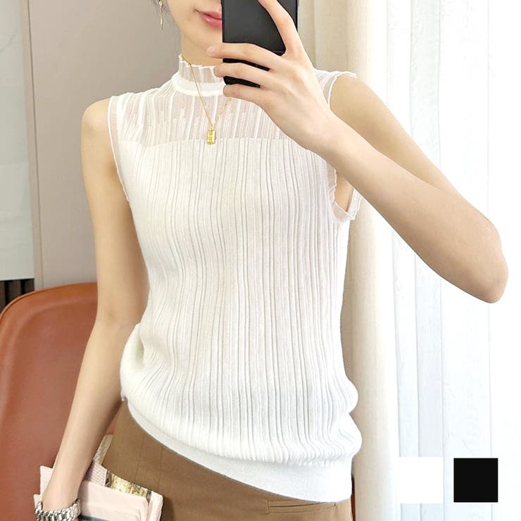 シアーフレンチノースリーブニット 韓国ファッション 10代[品番