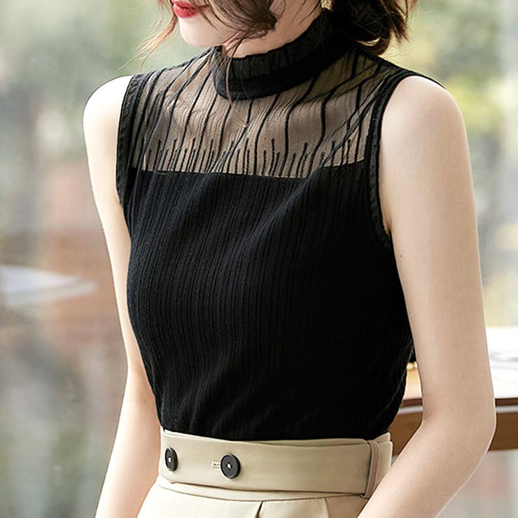 シアーフレンチノースリーブニット 韓国ファッション 10代[品番