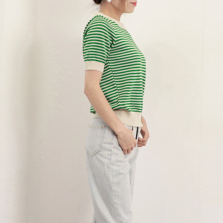 ボーダー柄サマーニットトップス 半袖春夏[品番：AGCW0004144