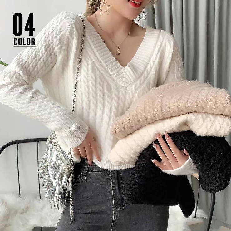 ケーブル編み Vネックニット きれいめ[品番：AGCW0002810]｜SUNSHINE