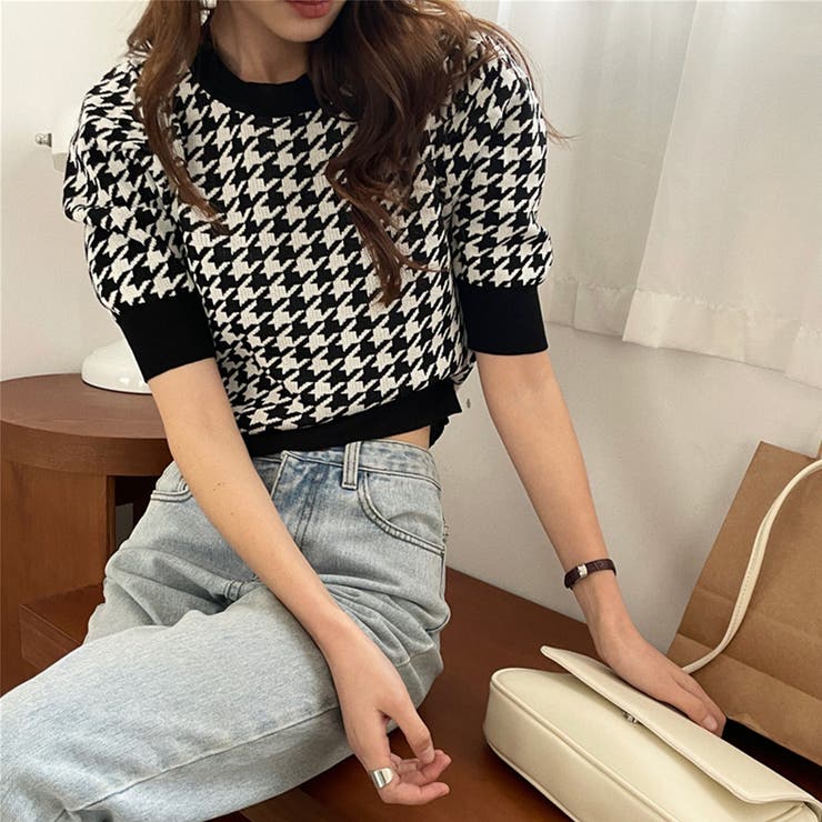 千鳥柄 千鳥格子 サマーニット 半袖[品番：AGCW0003207]｜SUNSHINE