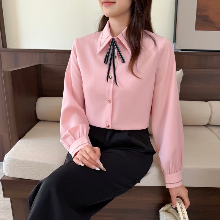 リボン 付き ボウタイ シャツ ブラウス 長袖 ステッチ デザイン[品番