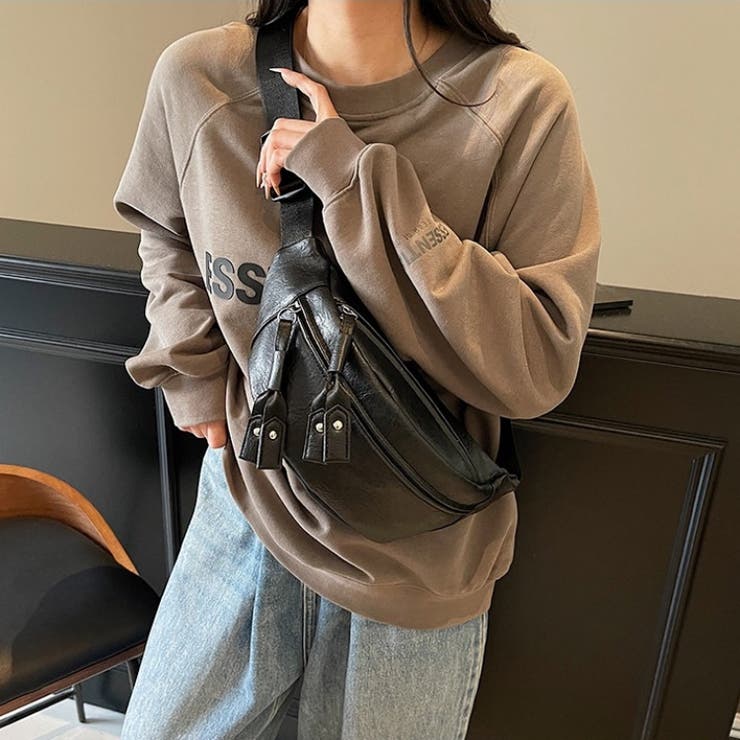 ダブルポケットPUレザー ボディバッグ ウエストポーチ[品番