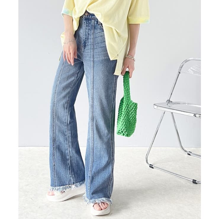 最旬美脚デニム。裾フリンジセミフレアデニムパンツ[品番：WZ000003994