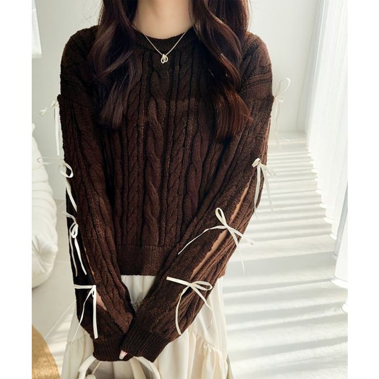 mily bilet】リボンで仕込む♪上品フェミニン。袖リボンケーブル編み