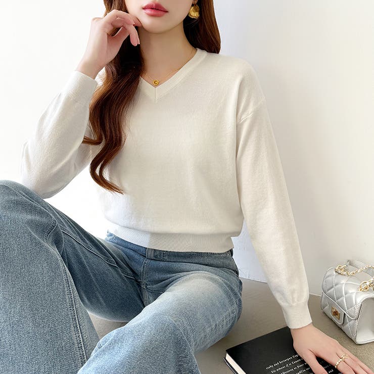 vネックニット カラーニット オフィスカジュアル[品番：COCW0005593