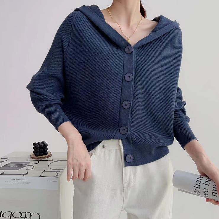 フード付きニットカーディガン ニットパーカー カーディガン[品番