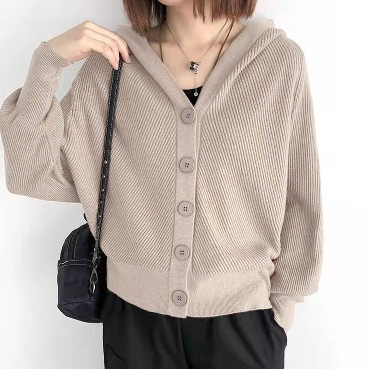 フード付きニットカーディガン ニットパーカー カーディガン[品番
