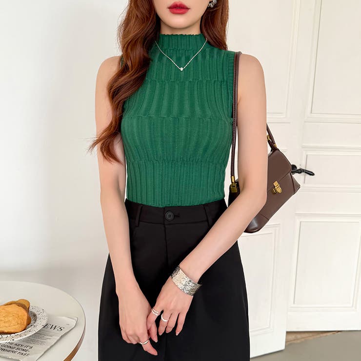 ノースリーブハイネック サマーニット タンクトップ[品番：COCW0005845