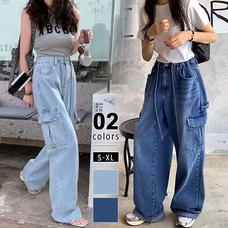 デニムカーゴパンツ デニムパンツ 韓国ファッション[品番：COCW0005988