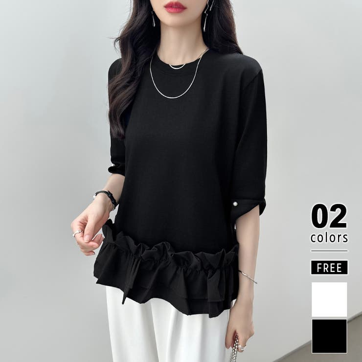 フリルカットソー オフィスカジュアル パール袖フリルトップス[品番