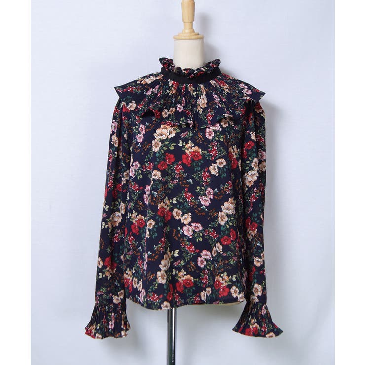 ハイネックラッフルカラー花柄ブラウス(シャツ トップス フリル[品番