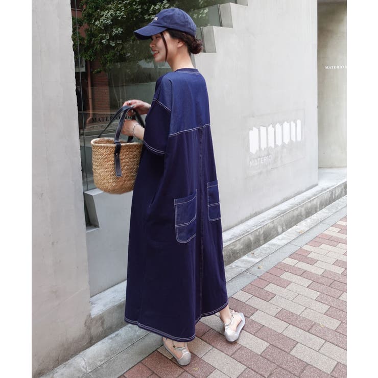 配色ステッチオーバーサイズ半袖Tシャツワンピース[品番：TRIW0003803