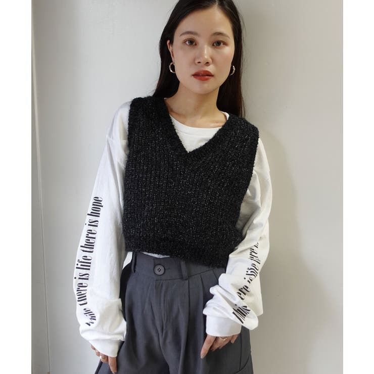 フラッグヤーンVネックショートニットベスト[品番：TRIW0003869